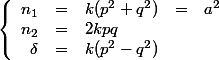 \left\{ \begin{array}{rclcl}n_1 & = & k(p^2+q^2) & = & a^2\\ n_2 & = & 2 k p q\\\delta & = & k(p^2-q^2)\end{array}\right.